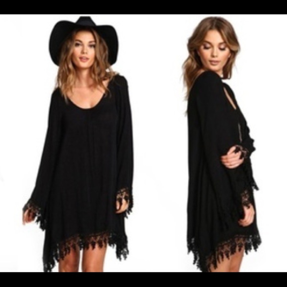 2/25$ LEO ROSI Dress Coverup Fringe Lace Black New Sz M